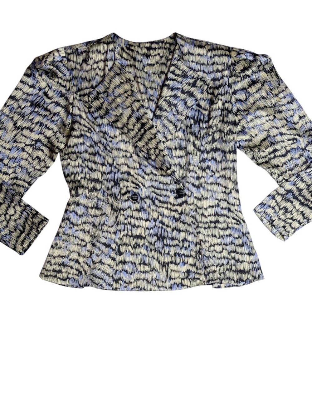 Women's Abstract Print Double-Breasted Blazer - Blue & Cream Size Large
